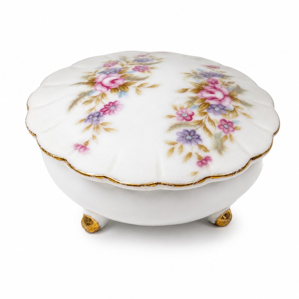 Vintage Floral Porcelain Trinket Box Gold Trim Footed Round Jewelry Dish 7055 - Picture 1 of 9